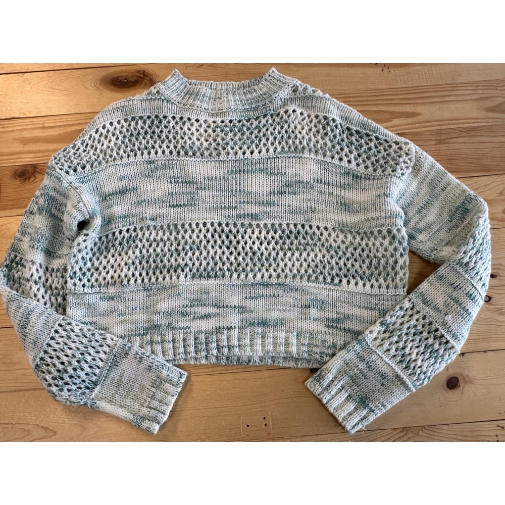True Craft Womens Space Dye Cropped Knit Sweater Green White Open Knit Medium